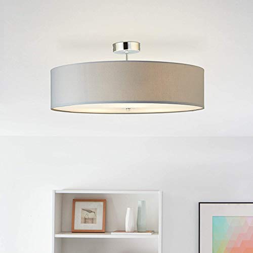 Moderna lámpara de techo con pantalla de tela, 60 cm de diámetro, 3 bombillas E27 máx. 60 W de tela/metal en gris claro/cromo.