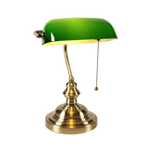Newrays Lámpara de escritorio de vidrio verde para banqueros con interruptor de cadena de extracción, accesorio enchufable, Acabado de bronce verde
