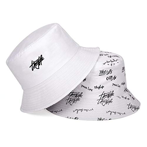 Nuevo Sombrero de Pescador de Doble Cara Moda Verano para Mujer Sombrero para el Sol impresión de Letras de Marea Sombrero de Lavabo Salvaje Sombrero de Cubo de Hip Hop General -White