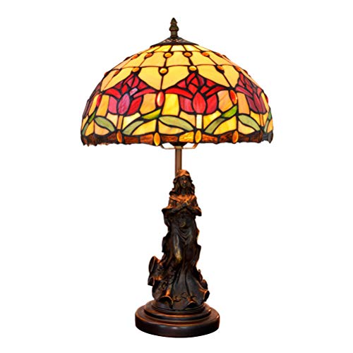 QJUZO Lámpara de Mesa Tiffany Angel Vintage,12 pulgadas Lámpara de Escritorio de tulipán rojo retro, Base de Resina de ángel, E27 Lámpara de Cabecera de Dormitorio
