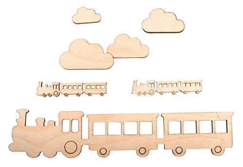 Rayher 62984505 Adornos de trenes de madera y nubes 21,7x4,8 cm, 6 piezas, decoración de madera