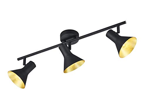 Reality Leuchten Moderna lámpara de techo LED de 3 focos regulable en aspecto retro, giratoria y orientable en color negro e interior dorado – foco de pared