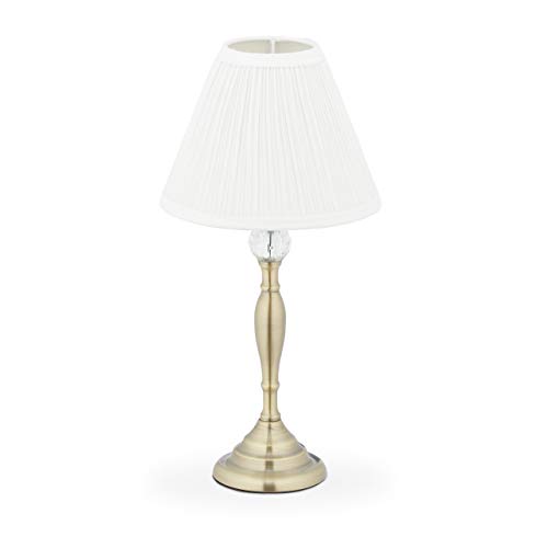 Relaxdays Lámpara de Mesa con Cristal, Pantalla de Tela, Casquillo E14, para salón, mesita de Noche, 42 x 21 cm, Color Dorado