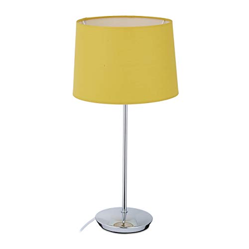 Relaxdays Lámpara de mesa con pantalla de tela, base cromada, casquillo E14, para salón y dormitorio, lámpara de noche moderna, color amarillo