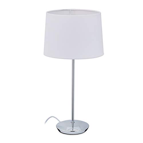 Relaxdays Lámpara de mesa con pantalla de tela, base cromada, casquillo E14, salón y dormitorio, moderna lámpara de mesita de noche, color blanco