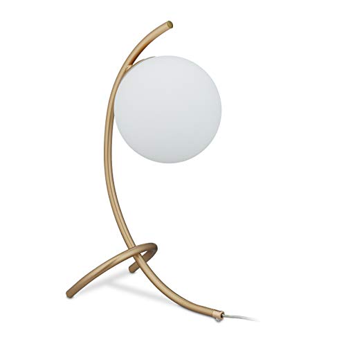 Relaxdays Lámpara de mesa esférica curvada de metal y cristal, E27, lámpara dormitorio, salón, lámpara de mesita de noche, color dorado y blanco