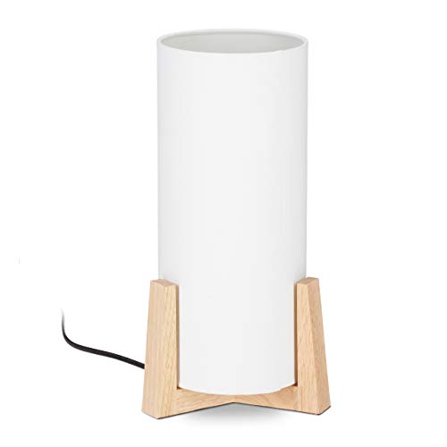 Relaxdays Lámpara de mesa, Madera, Pantalla redonda, Diseño moderno, E27, Mesilla de noche, Blanco/Marrón, 33 x 15 cm