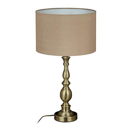 Relaxdays Lámpara de mesa, pantalla de tela, casquillo E27, para salón y dormitorio, lámpara de noche vintage, 57 x 30,5 cm, color dorado