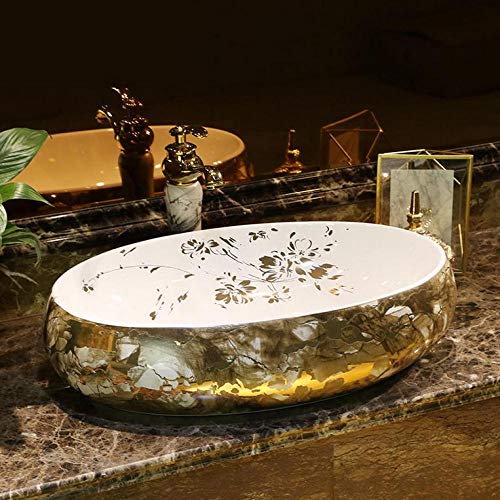 Rjbzd Nuevo diseño China Pintura dorada artística Lavabo de cerámica hecho a mano Lavabo sobre encimera Lavabos de lavabo