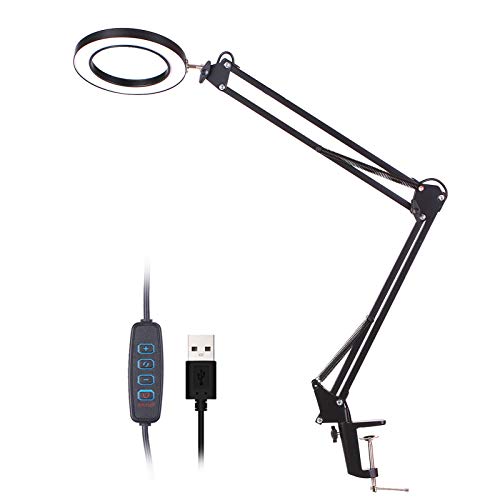 Roeam - Lámpara LED con lupa de 5 aumentos y pinza para manos libres, lámpara de escritorio, brazo giratorio, luz USB ajustable, 3 modos de intensidad regulable