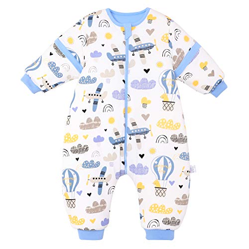 Saco de dormir para bebé con piernas, para invierno, manga larga, con pies y zapatos de bebé, 3,5 tog, tamaño 110 cm - 120 cm, diseño de avión azul
