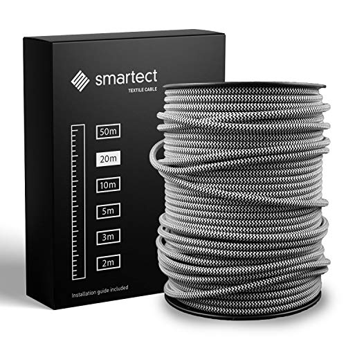 smartect Cable para lámparas de tela en color Blanco Negro - Cable textil trenzado de 20 Metro - 3 hilos (3 x 0,75 mm²) - Cable de luz con revestimiento textil