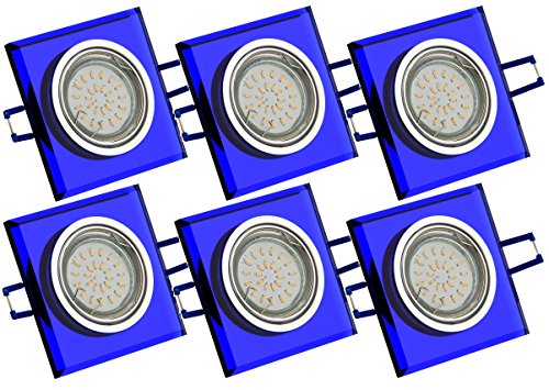 Trango Juego de 6 focos LED empotrables TG6736S-06B de cristal azul y aluminio, incluye 6 bombillas LED GU10