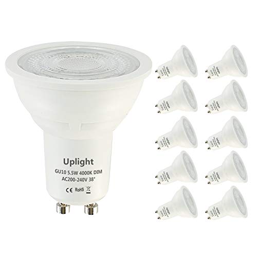 Uplight 5.5W Regulable Bombillas GU10 LED,Blanco Neutro 4000K,Equivalente 50W Lámpara Halógena 470Lm Ra80,38°Ángulo haz, Paquete de 10.