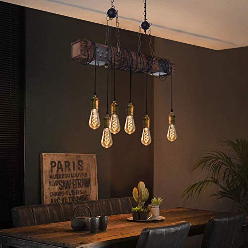 ZMH Lámpara colgante vintage de 6 luces de madera, lámpara de techo de comedor, lámpara de 80 cm, vigas de madera E27, industrial para comedor, cocina, bar, restaurante