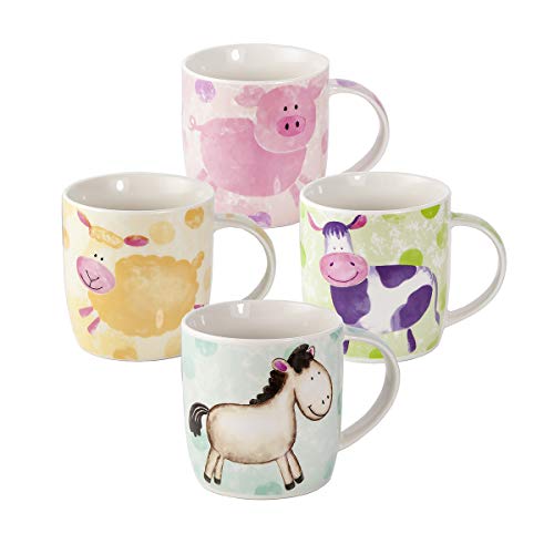 4 Set Taza de Café Colores, Tazas de Café Te Originales 365 ml Tazas Grande de Porcelana con Animales Cerdo, Oveja, Vaca y Caballo, Regalos Mujer Hombre y Niños