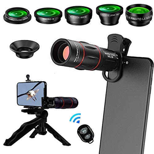 8 en 1 Kit de lentes de cámara para teléfonos Lente telefoto 18X, gran angular, macro, ojo de pez, lente CPL, trípode, obturador remoto para iPhone Samsung y la mayoría de los teléfonos inteligentes