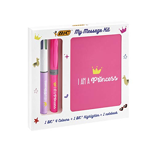 BIC My Message Kit I Am a Princess - Juego de Escritorio con 1 BIC 4 colores Bolígrafo, 1 BIC Highlighter Grip Bolígrafo (Rosa), 1 Libreta Tamaño A6 (Blanca), Pack de 3