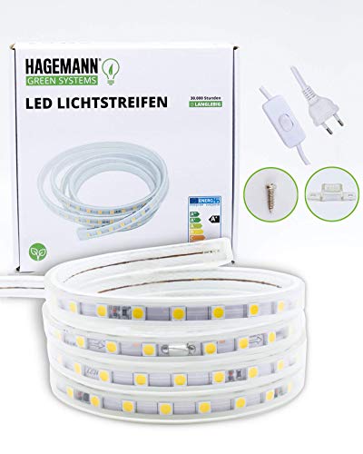 HAGEMANN® - Tira de luces LED con interruptor - IP65 5050, 230 V, 7 m, luz blanca fría