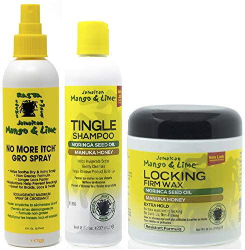Jamacican Mango & Lime No More Itch Grow Spray 8oz con Tingle Shampoo 8oz y Locking Firm Wax 6oz