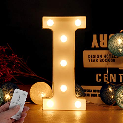 Letra de luces LED con caracteres del alfabeto con temporizador inalámbrico y mando a distancia regulable para decoración de cumpleaños, fiestas, bodas y vacaciones en casa bar (letra I)