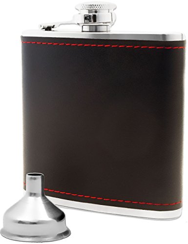 Outdoor Saxx® - Petaca de acero inoxidable, diseño de piel noble, botella de chupito Flagon, botella de bolsillo, embudo de llenado, gran idea de regalo en caja de regalo, 175 ml, color negro.