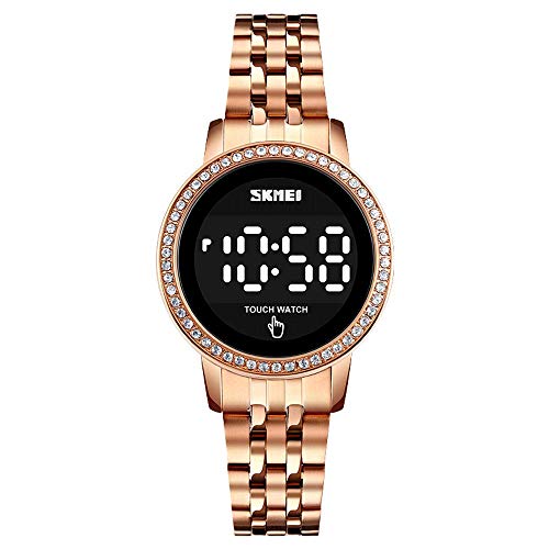 Reloj de dama de diamante, pantalla táctil de moda con pantalla LED, relojes electrónicos con cinturón de acero a prueba de agua, de exquisito reloj pulsera de ocio empresarial, movimiento electrónico