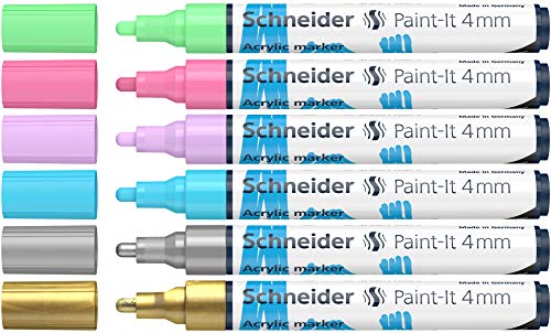 Schneider Paint-It 320 - Juego de rotuladores acrílicos (2 unidades, punta redonda de 4 mm, alta opacidad, colores brillantes, para casi todas las superficies)