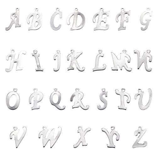 UNICRAFTALE 208pcs 304 encantos del Alfabeto de Acero Inoxidable con Diseño de Letras Colgante AZ con Letras 1 mm Encantos de Orificios Pequeños para Fabricación de Joyas (8 Piezas por Cada Letra)