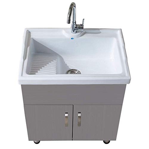 XCJJ Lavabo de lavabo de cerámica con tocador de baño de acero inoxidable, lavadero/lavamanos y gabinete, tina grande para limpieza y lavado,71cm-b