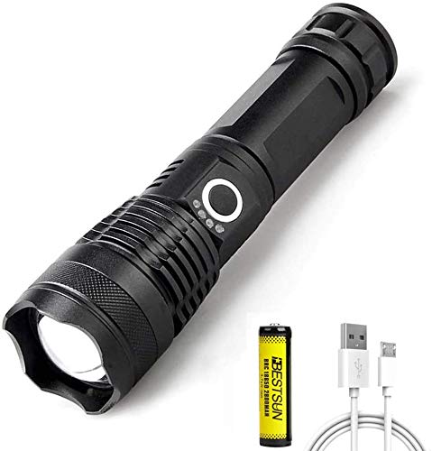 XHP50 Linterna LED recargable por USB, superbrillante XHP50, linterna de mano con batería 18650, pantalla de alimentación, zoom, 5 modos de iluminación, impermeable, para senderismo, camping, pesca