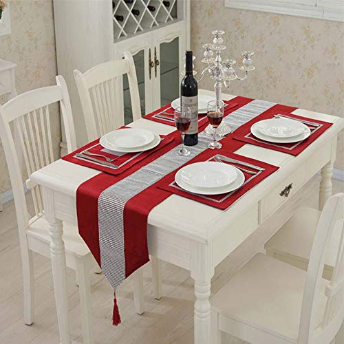 1 camino de mesa clásico con borlas (33 x 180 cm) y cuatro manteles individuales (30,48 x 40,64 cm) para decoración de bodas, fiestas de Navidad (rojo)