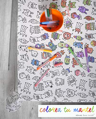 atenas home textile Mantel Infantil con Motivos de Monstruos para Colorear con rotuladores incluidos.