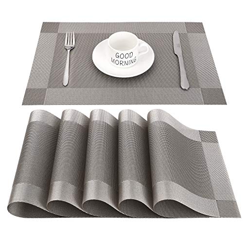 CHAOCHI Manteles Individuales Lavables Salvamantele Individuales PVC Antideslizantes Resistente al Calor Juego de 6 para la Mesa de Comedor de Cocina,(Gris+Plateado)