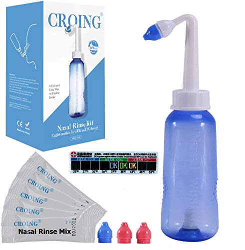 CROING - Botella de 300 ml + 40 paquetes de sal - Neti Pot, Botella de lavado nasal Yoga Nasal Botella Nariz Limpiador Botella Rhinitis alérgica Tratamiento