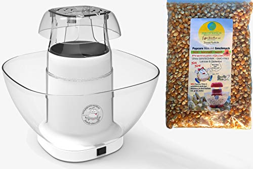 Family Time - Máquina para palomitas de con aire caliente sin grasa, con recipiente, vaso medidor, bolsa de muestra con maíz dulce para 16 litros de palomitas  Blanco