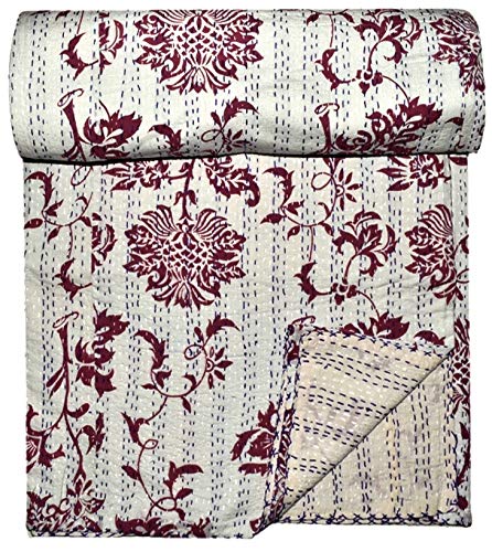 GANESHAM Manta de ropa de cama hecha a mano Kantha King Size de lujo floral Kantha colcha de loto estampado vintage de punto bohemio (228 x 258 cm)