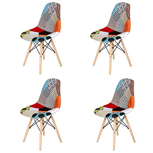 GrandCA HOME Pack de 4 sillas Sillas de Retazos Multicolores en Tela de Lino Sillas de Sala de Estar de Ocio Sillas de Comedor con Respaldo de cojín Suave (Rojo-01)