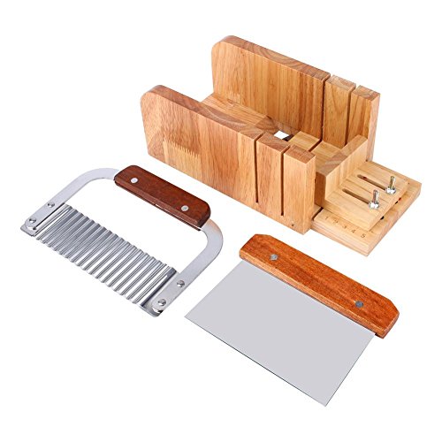 Haciendo jabón Pan de corte Moldes kit con la caja de madera y 2 piezas rectas y onduladas de acero inoxidable cortadores máquina de cortar de múltiples funciones práctico ajustable roble jabón jabón