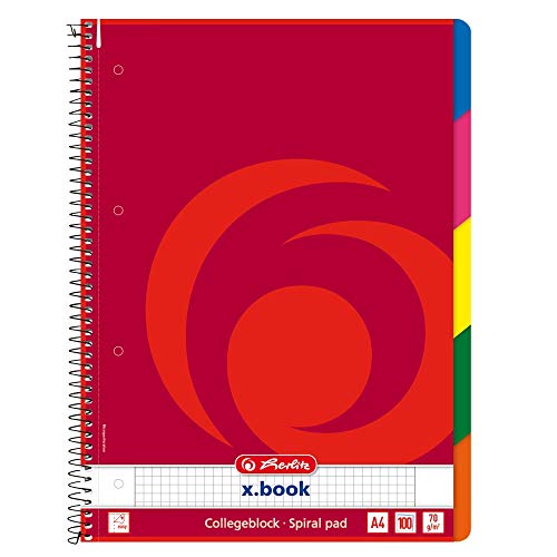 Herlitz - Lote de cuadernos de espiral (3 unidades, 100 hojas, 5 bandas de colores, papel cuadriculado)