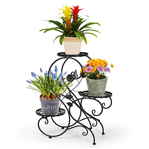 HLC Stand para macetas/Estanteria para macetas en diseño de S de Metal/Escalera para macetas de Plantas y Flores con 3 Niveles/Color Negro