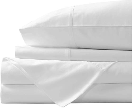 Juego de sábanas de algodón egipcio de 400 hilos, juego de sábanas de algodón con grapas 100% largas, sábana suave satinada - Sábana ajustable, sábana plana y 2 fundas de almohada (doble, blanco)