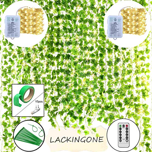 LACKINGONE - Lote de 12 plantas falsas de hiedra artificial con 200 luces LED, hojas de vid colgantes de imitación guirnalda de pared, decoración de boda