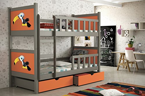 Litera de madera de pino, 200 x 88 x 160 cm, barnizada, cuna para bebé, cama infantil, dormitorio + cajones + colchón con listones flexibles (9)
