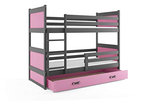 Litera infantil doble (2 camas) 190x90, RICO, color gris, cajón rosa, con somieres y colchones de espuma GRATIS