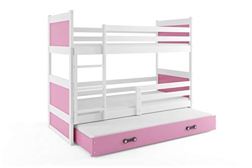 Litera triple (3 personas) RICO 200X90 , blanco - rosa , con somieres y colchones de espuma (dos- 200x90 y del cajón- 190x80) GRATIS