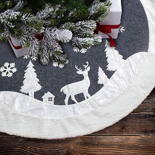 LLG Mantel redondo para árbol de Navidad, color blanco y gris, para árbol de Navidad, 122 cm, diseño de ciervo y copos de nieve