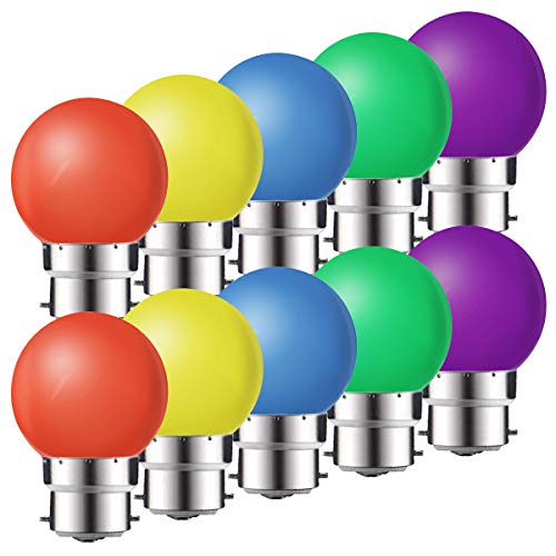 Lote de 10 bombillas LED B22, 1 W, de bajo consumo de colores, bombilla de Navidad, bombillas de guirnalda rojo, amarillo, azul, verde, morado, equivalente a 10 W