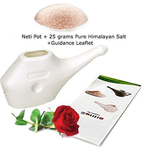 Neti - Olla para limpieza nasal con 25 gramos de sal pura del Himalaya + folleto guía | Yoga Essentials | Ligero e irrompible