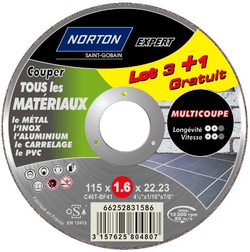 Norton - Lote de discos de corte (3 + 1 unidades, 115 x 1,6 x 22,2 mm)